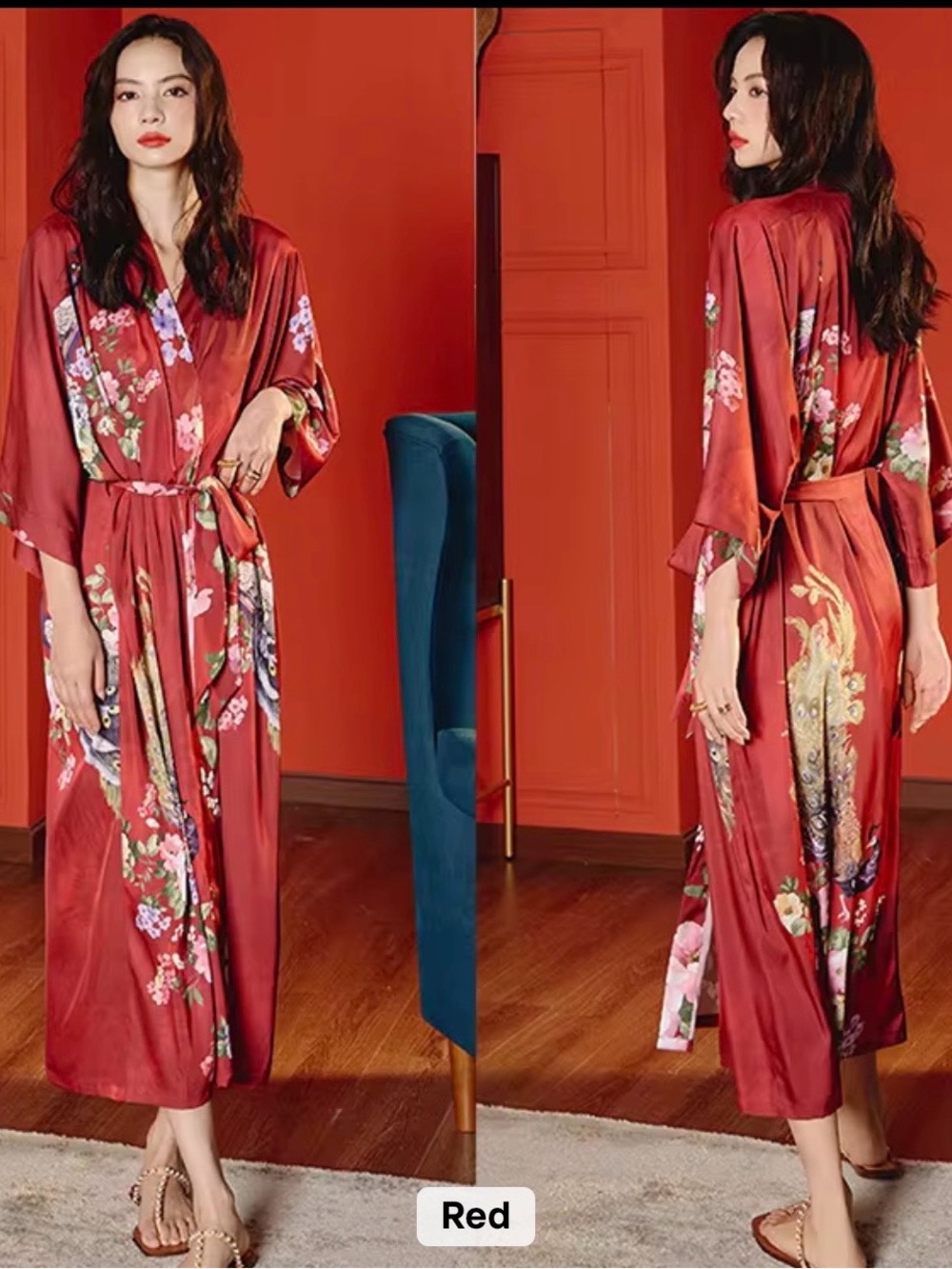 Red Floral silky Kimono Robe - Women Intimates & Sleepwear
